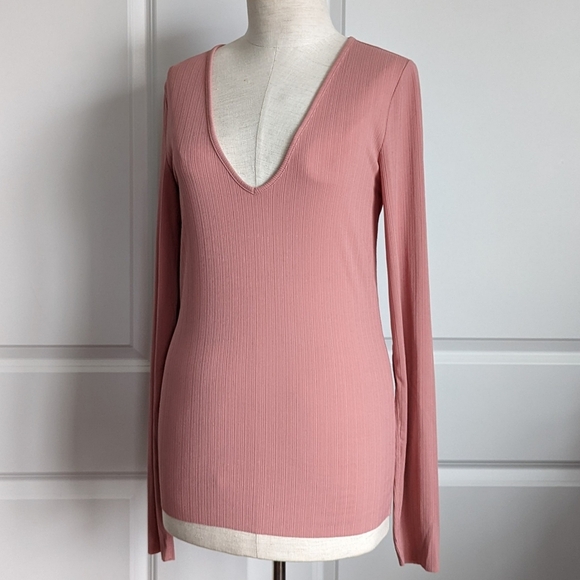 rag & bone Zoe Top Deep Vee Long Sleeve Ribbed Crepe Fitted Mauve L NWT - Picture 10 of 14